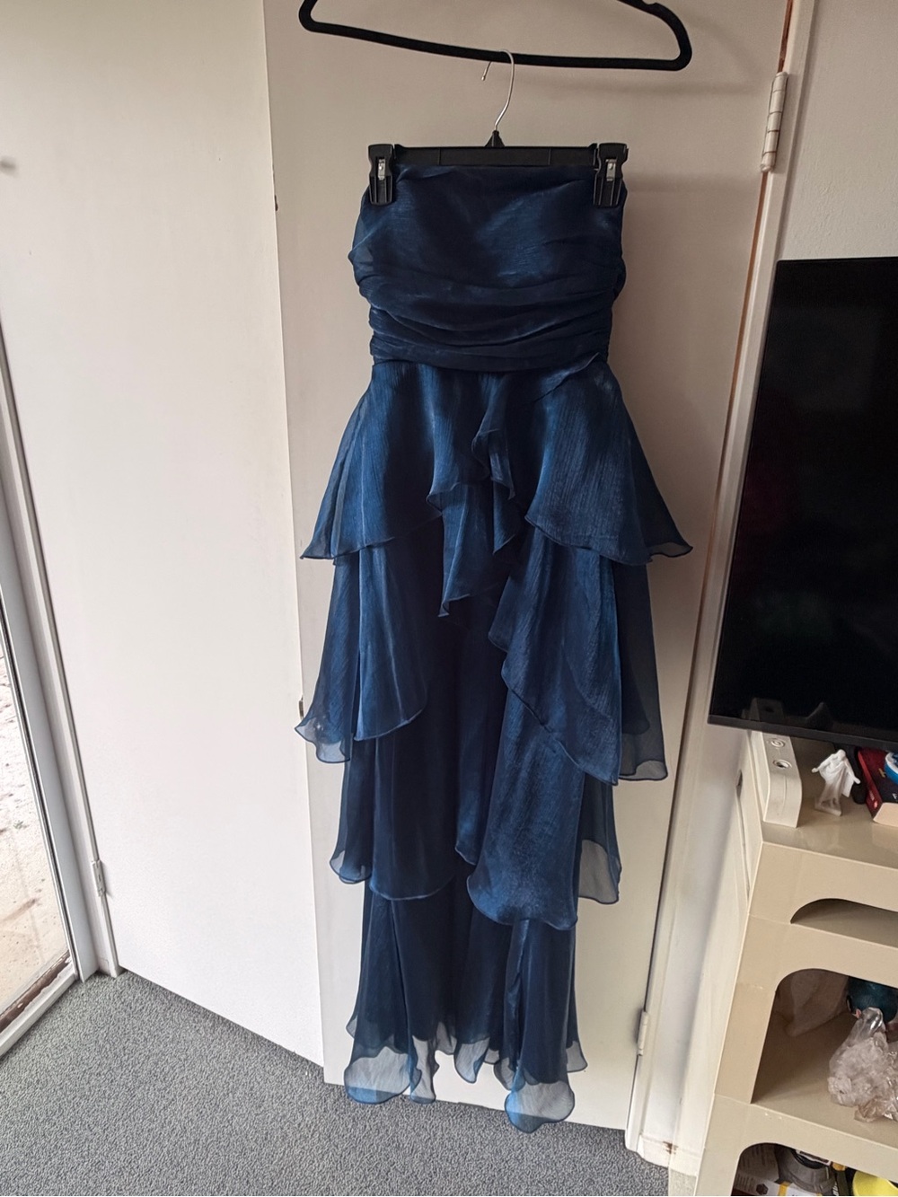 Lucy in the Sky Strapless Navy Ruffled Layered Gown